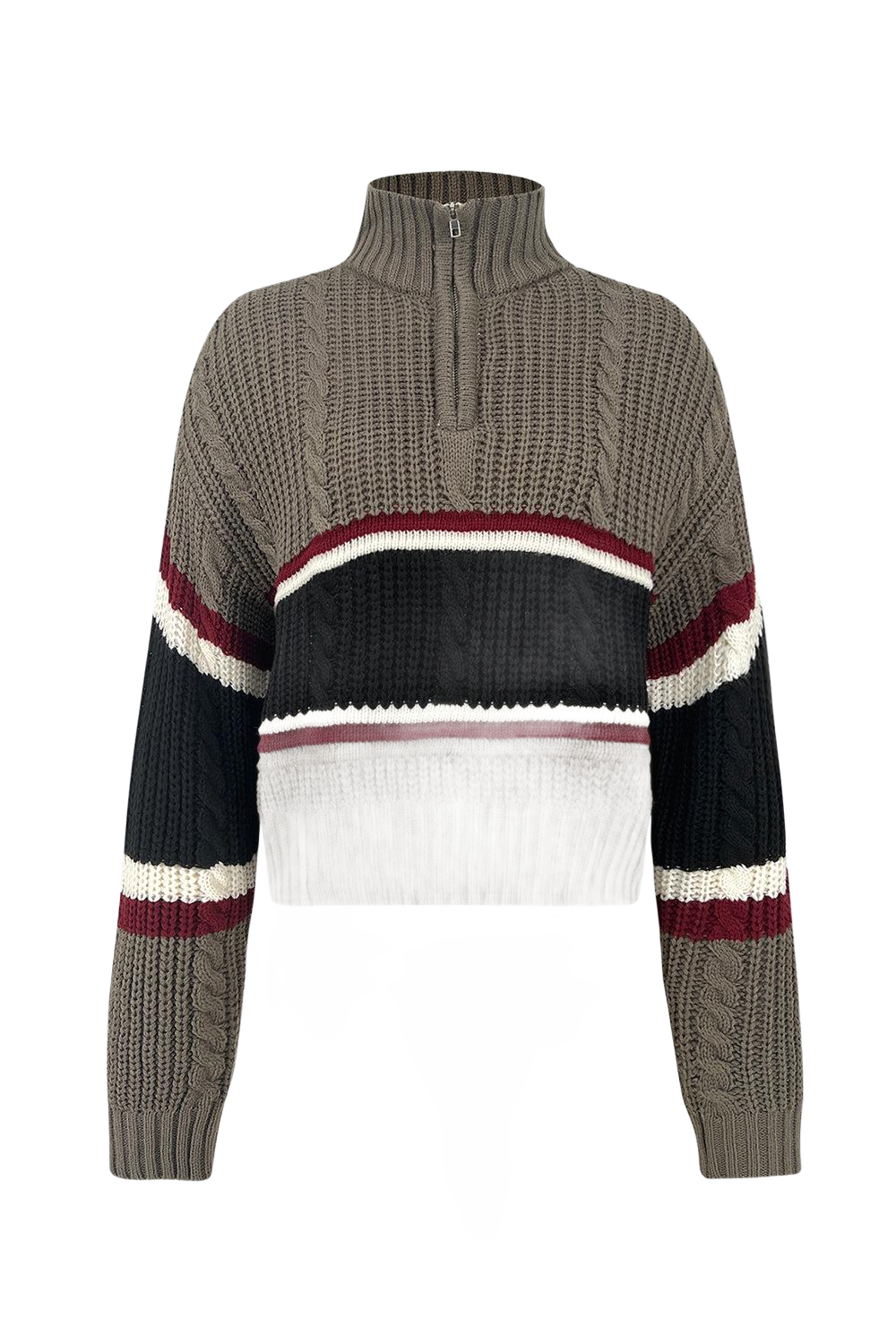 Cable-Knit Striped Quarter Zip Turtleneck Sweater