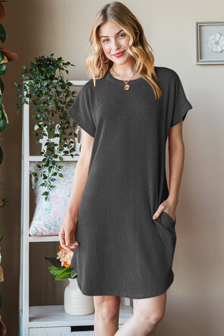 Full Size Ribbed Round Neck Short Sleeve Tee Dress