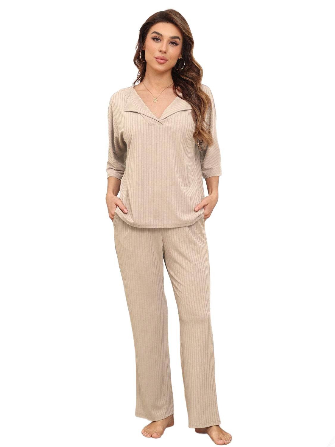 Ribbed Half Sleeve Top and Pocketed Pants Set