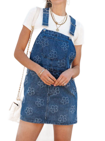 Flower Wide Strap Denim Overall Dress with Pockets