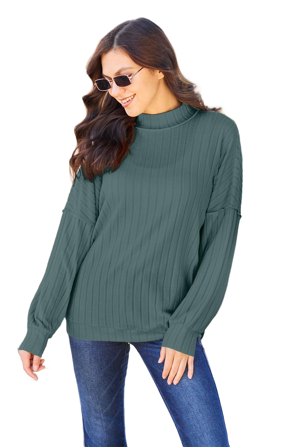 Full Size Ribbed Exposed Seam Mock Neck Knit Top