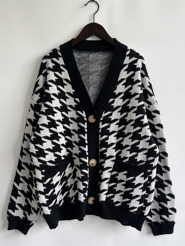 Hounds tooth Bottom Front  Cardigan with Pockets