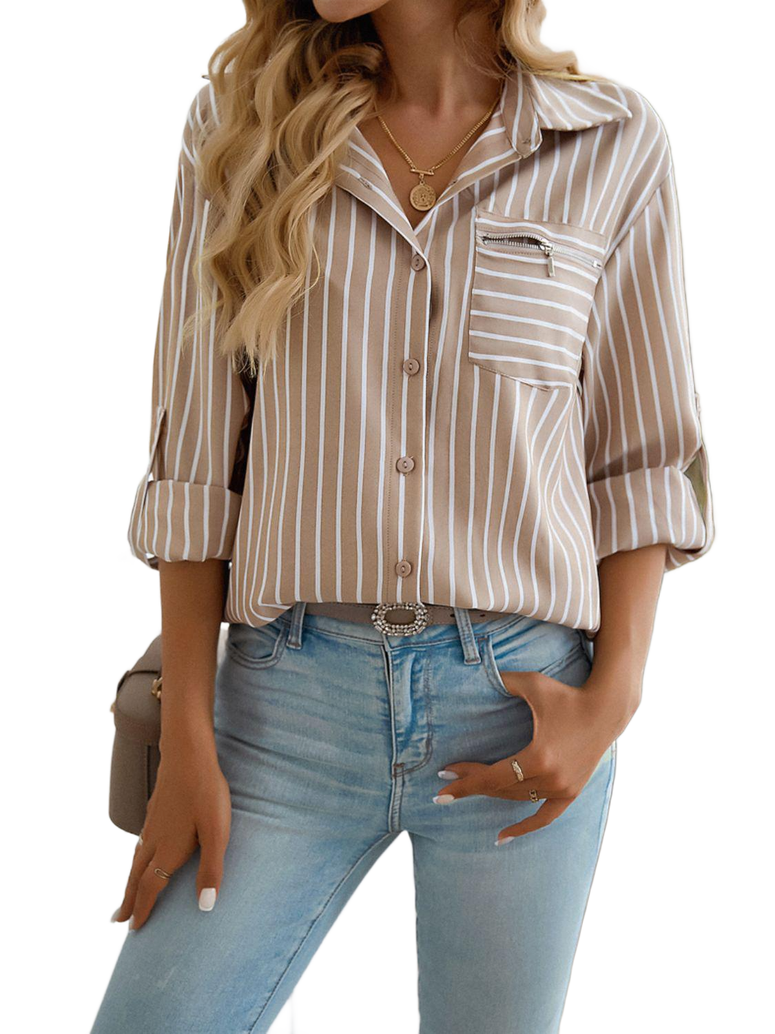 Striped Collared Neck Long Sleeve Shirt