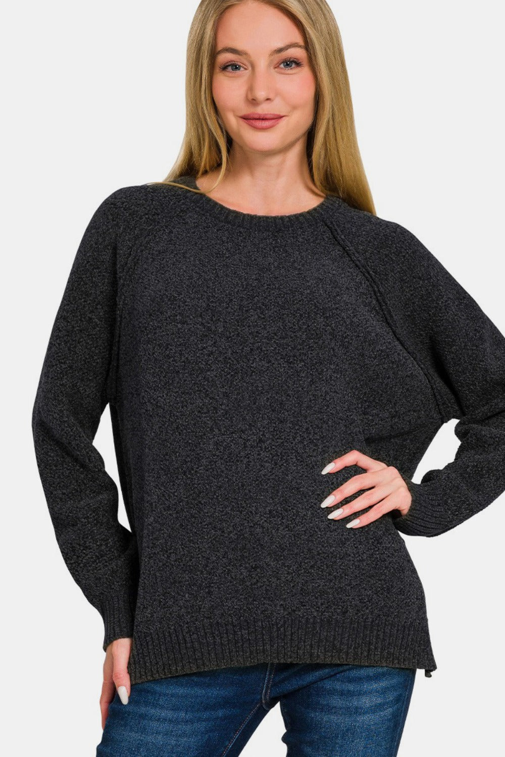 Ze nana Side Slit Raglan Sleeve Sweater