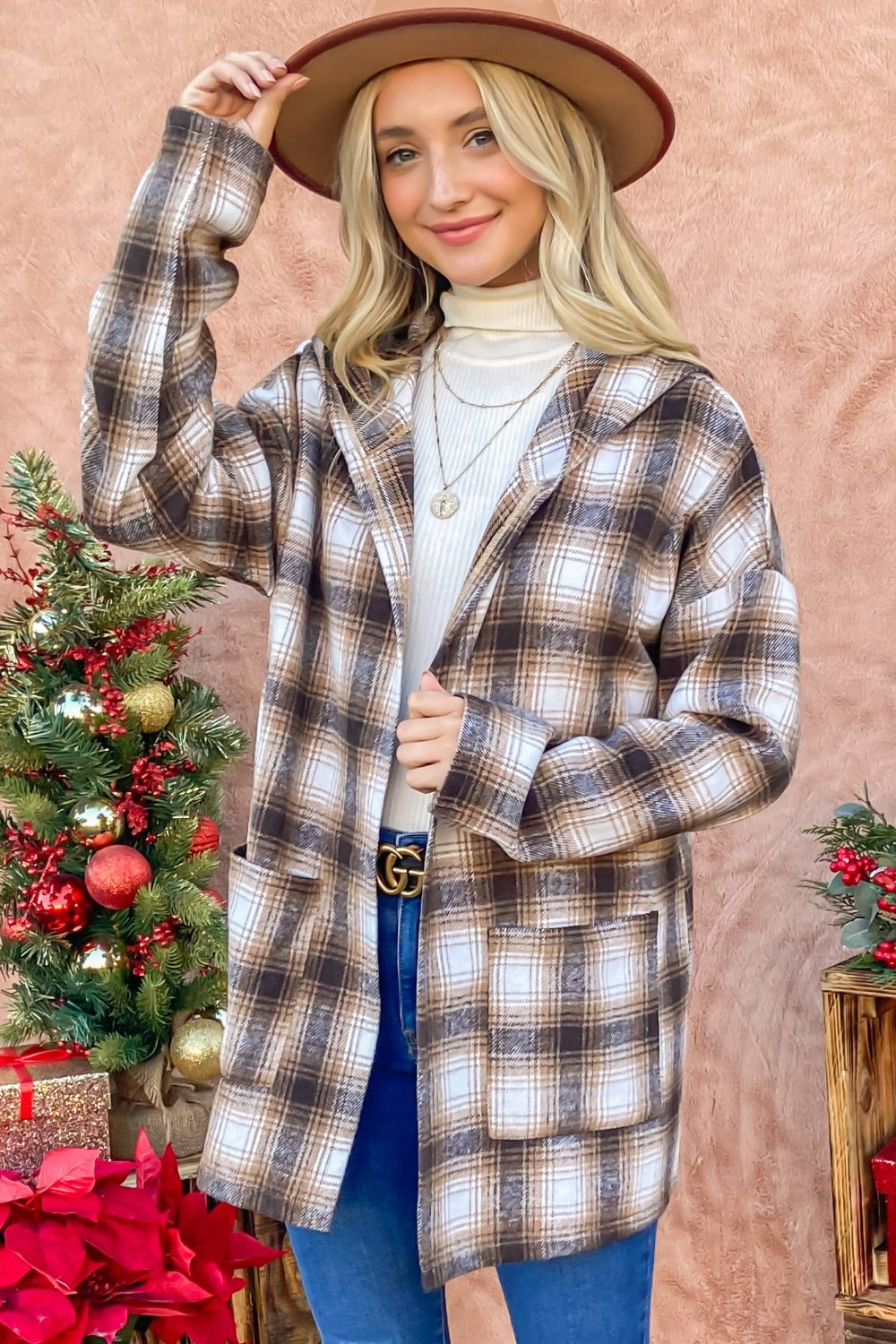 Plaid Open Front Hooded Shocket