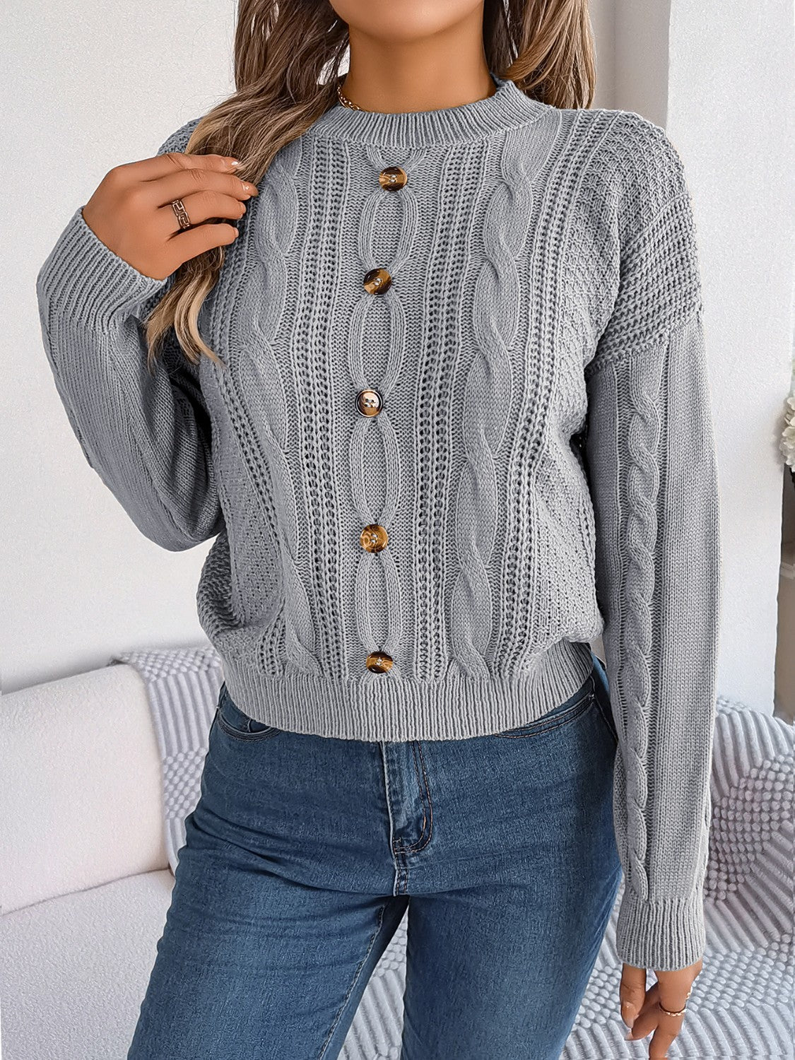 Cable-Knit Buttoned Round Neck Sweater