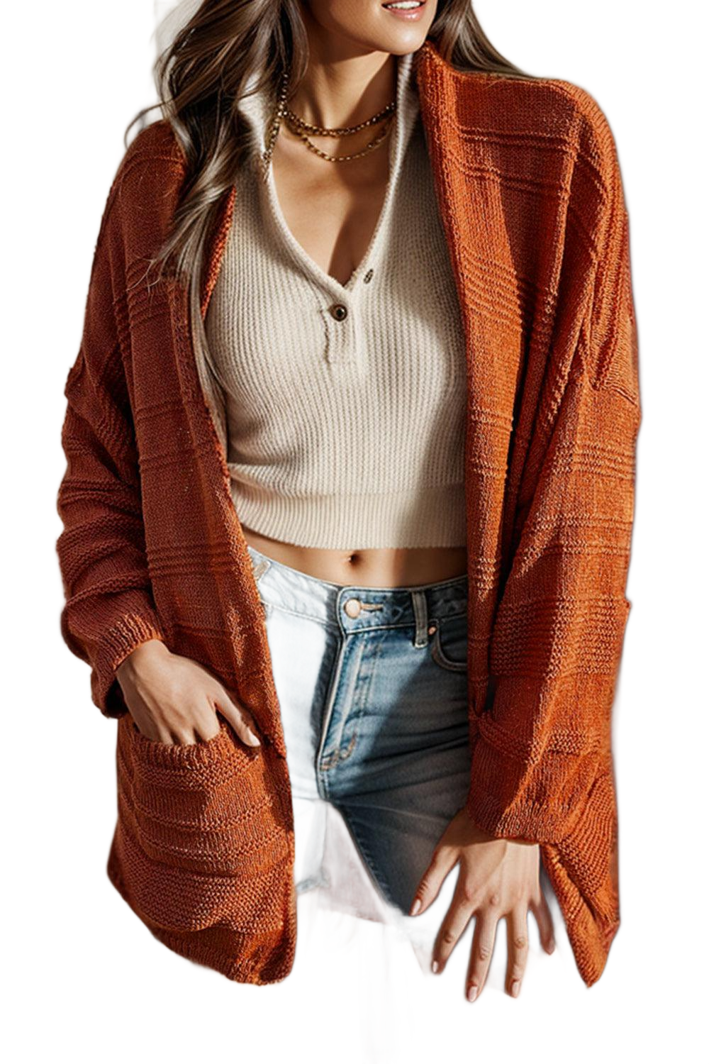 Open Front Pocketed Dropped Shoulder Cardigan