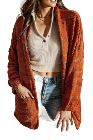 Open Front Pocketed Dropped Shoulder Cardigan