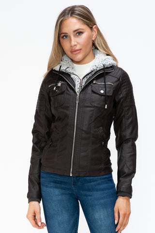 PMI Removable Faux Layered Multi-Pocket Jacket with Fuzzy Hood