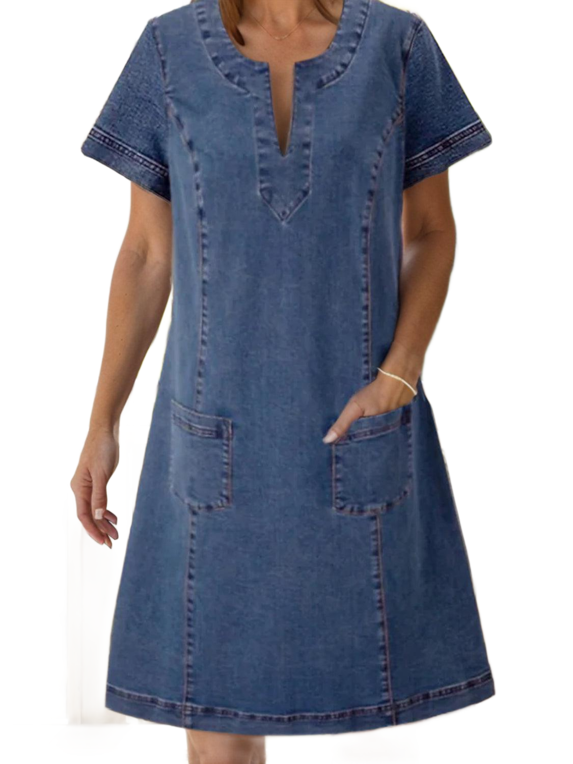 Full Size Notched Short Sleeve Denim Dress