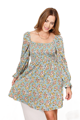 Floral Smocked Flounce Sleeve Square Neck Dress