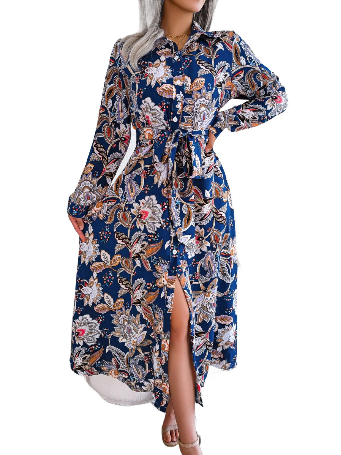 Tied Printed Long Sleeve Midi Dress