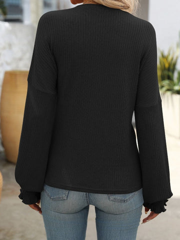 Ribbed Round Neck Long Sleeve T-Shirt