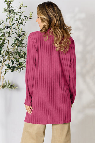 Full Size Ribbed Open Front Cardigan with Pockets