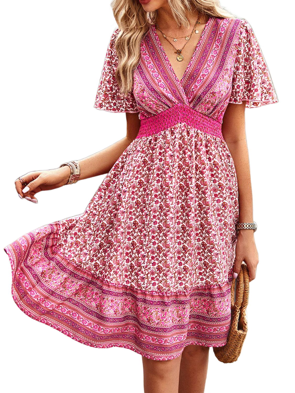 Floral Smocked Waist Short Sleeve Mini Dress