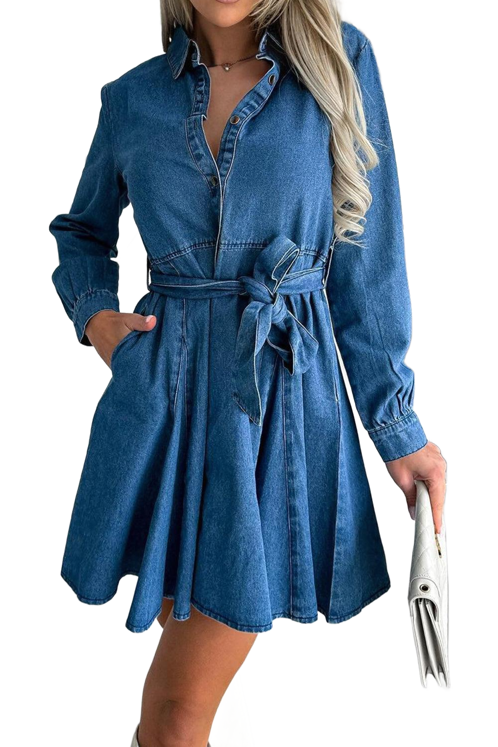 Tied Half Button Long Sleeve Denim Dress