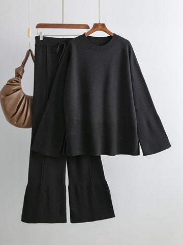 Basic Be Slit Round Neck Long Sleeve Top and Drawstring Pants Sweater Set