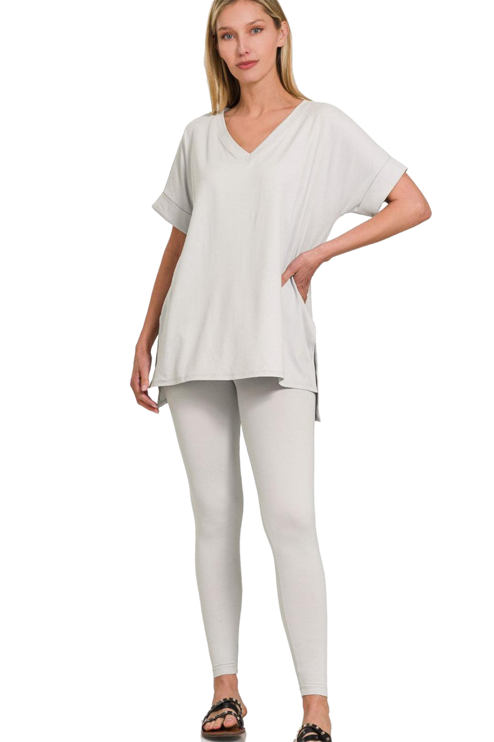 V-Neck Rolled Short Sleeve T-Shirt and Leggings Lounge Set