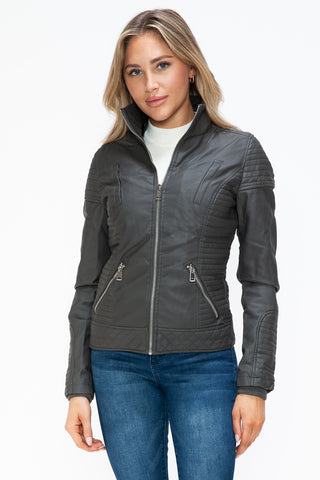 PMI Faux Layered Double-Zipper Jacket with Fuzzy Hood