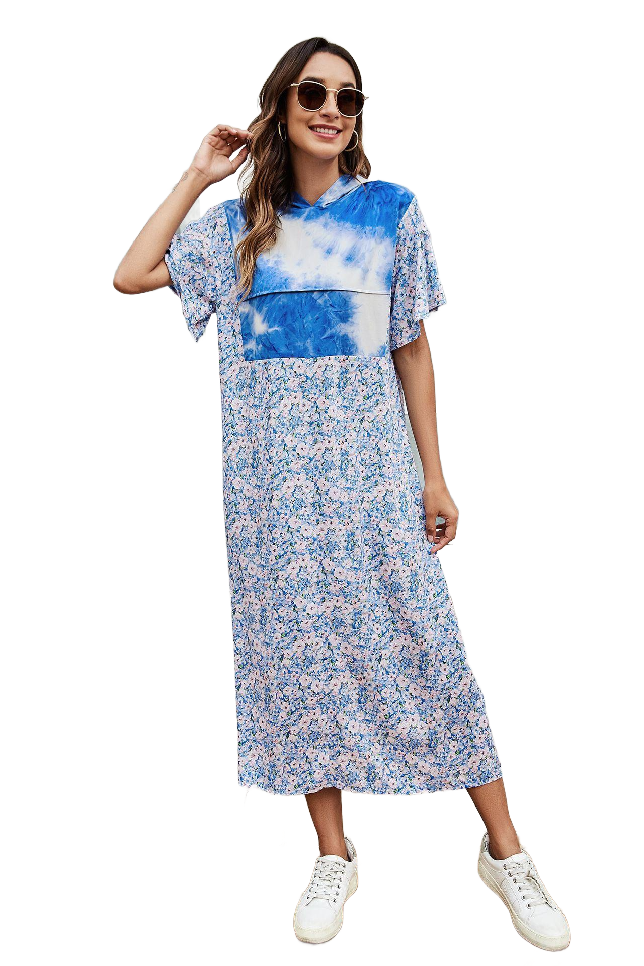 Tie-Dye Floral Flutter Sleeve Hooded Dress