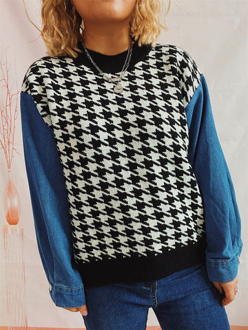 Hounds tooth Denim Sleeve Sweater