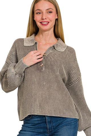 Washed Half Button Long Sleeve Sweater