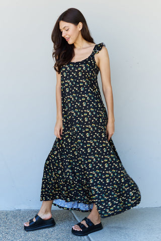 Ruffle Floral Maxi Dress in  Black Yellow Floral