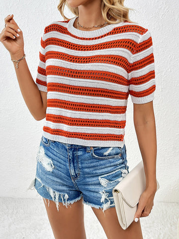 Striped Round Neck Short Sleeve Knit Top