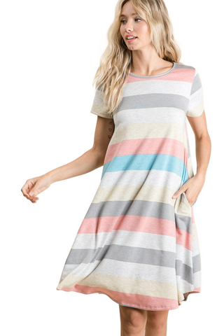 Striped Short Sleeve Dress with Pockets