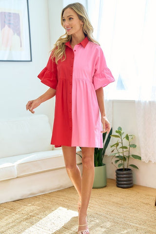 Full Size Color Blocked Button Down Baby doll Dress