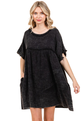 Full Size Short Sleeve Babydoll Texture Dress with Pockets