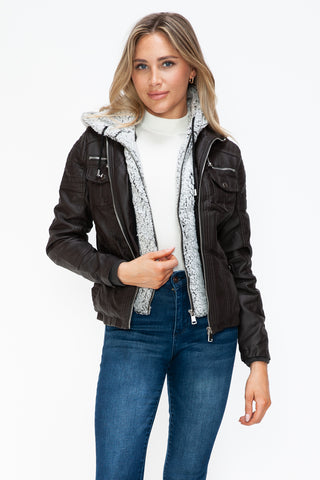 PMI Removable Faux Layered Multi-Pocket Jacket with Fuzzy Hood