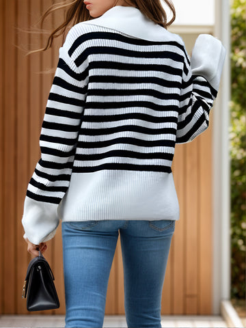 Striped Collared Neck Long Sleeve Sweater