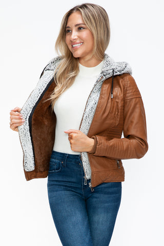 PMI Faux Layered Double-Zipper Jacket with Fuzzy Hood