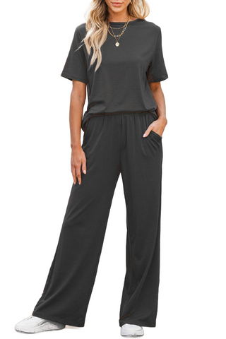 Round Neck Short Sleeve Top and Pants Set