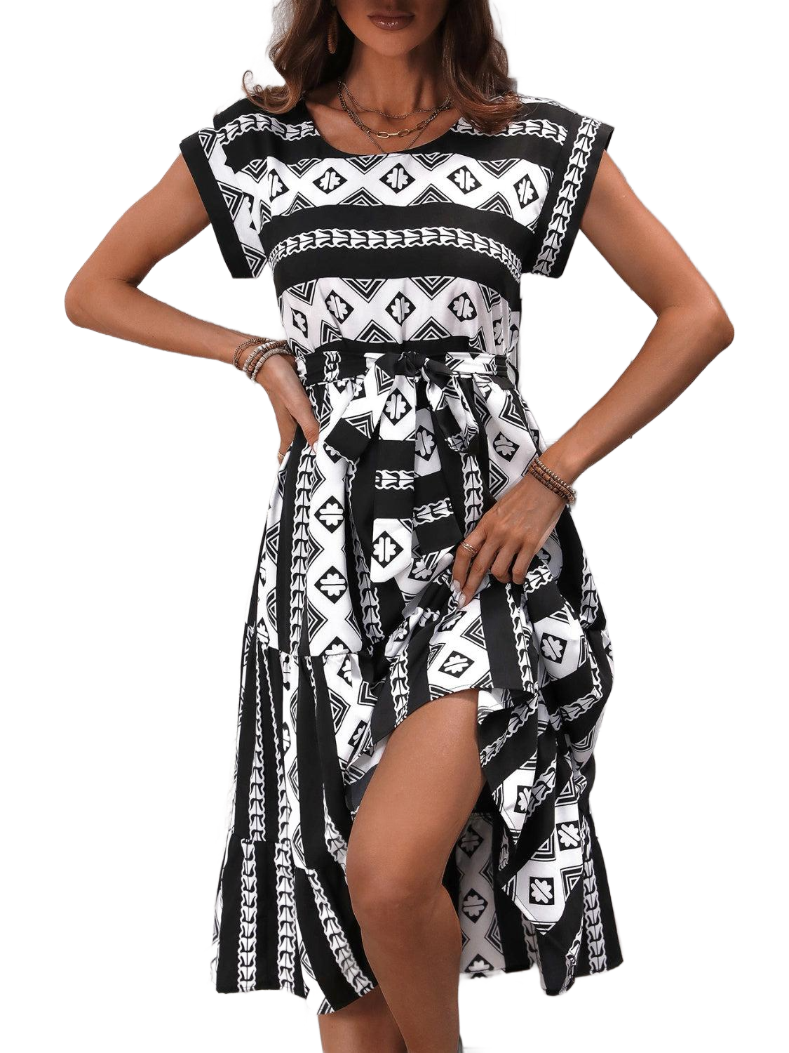 Printed Round Neck Cap Sleeve Dress