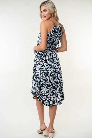 Tied Ruched Floral Sleeveless Knee Length Dress