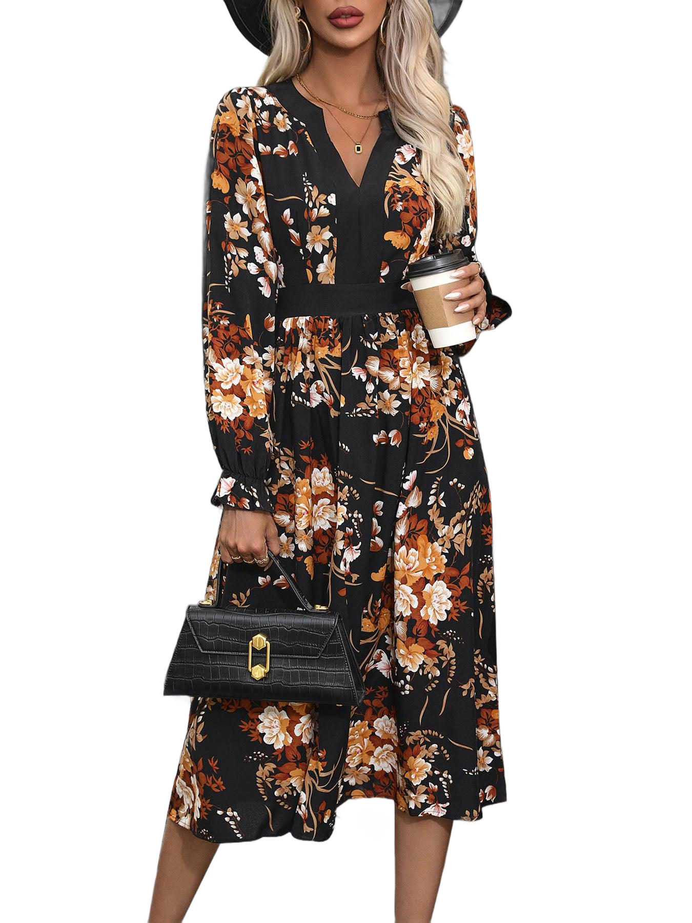 Printed Notched Long Sleeve Midi Dress