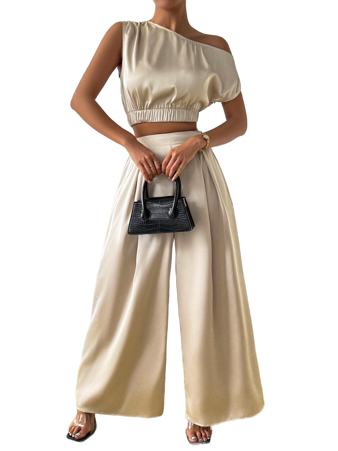 One Shoulder Short Sleeve Top and Wide Leg Pants Set