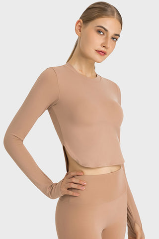 Side Slit Long Sleeve Round Neck Crop Top