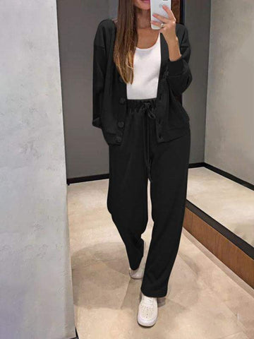 Full Size Button Up Long Sleeve Top and Pants Set