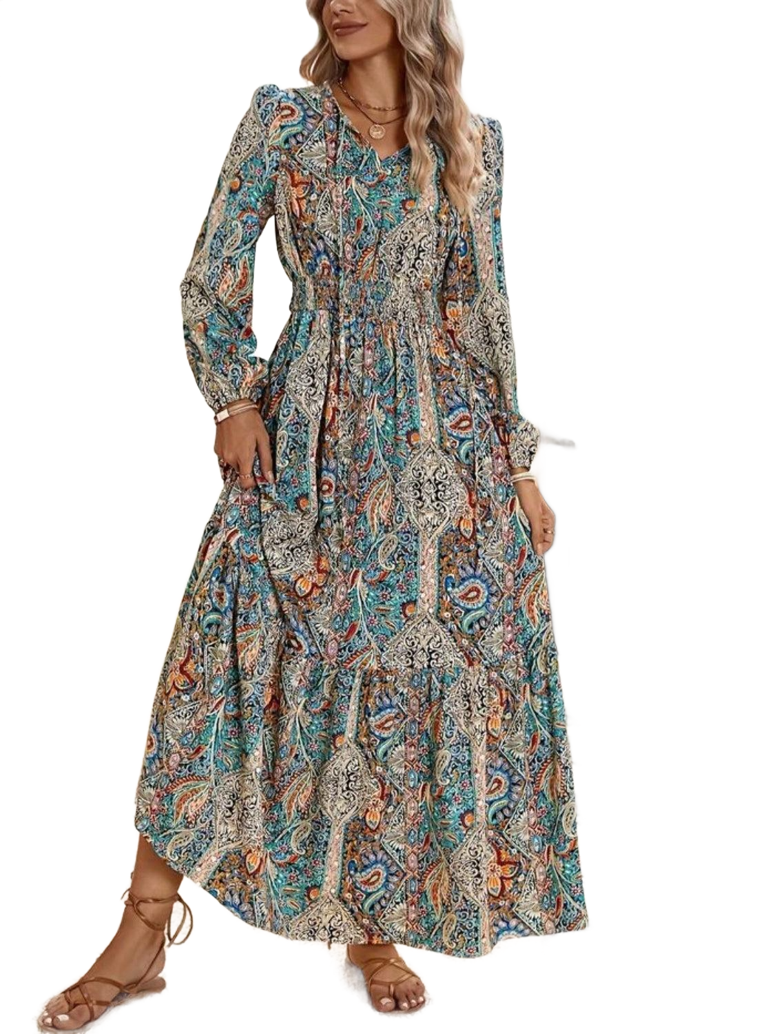 Printed Tie Neck Long Sleeve Maxi Dress