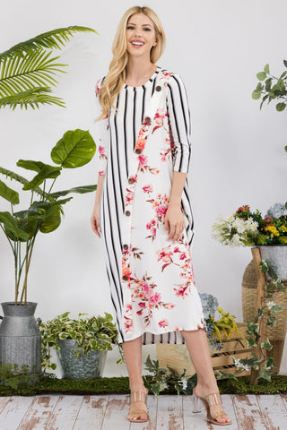 Full Size Floral Striped Contrast Midi-Dress with Pockets