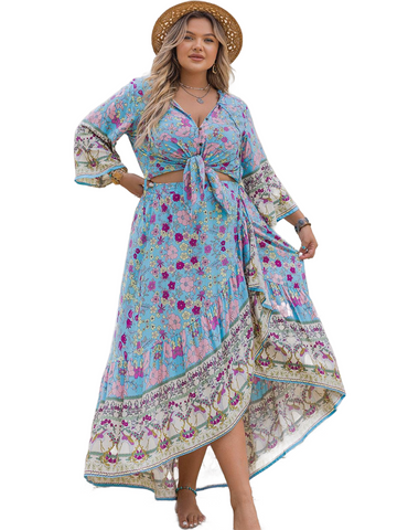 Plus Size Printed Tie Neck Top and Skirt Set