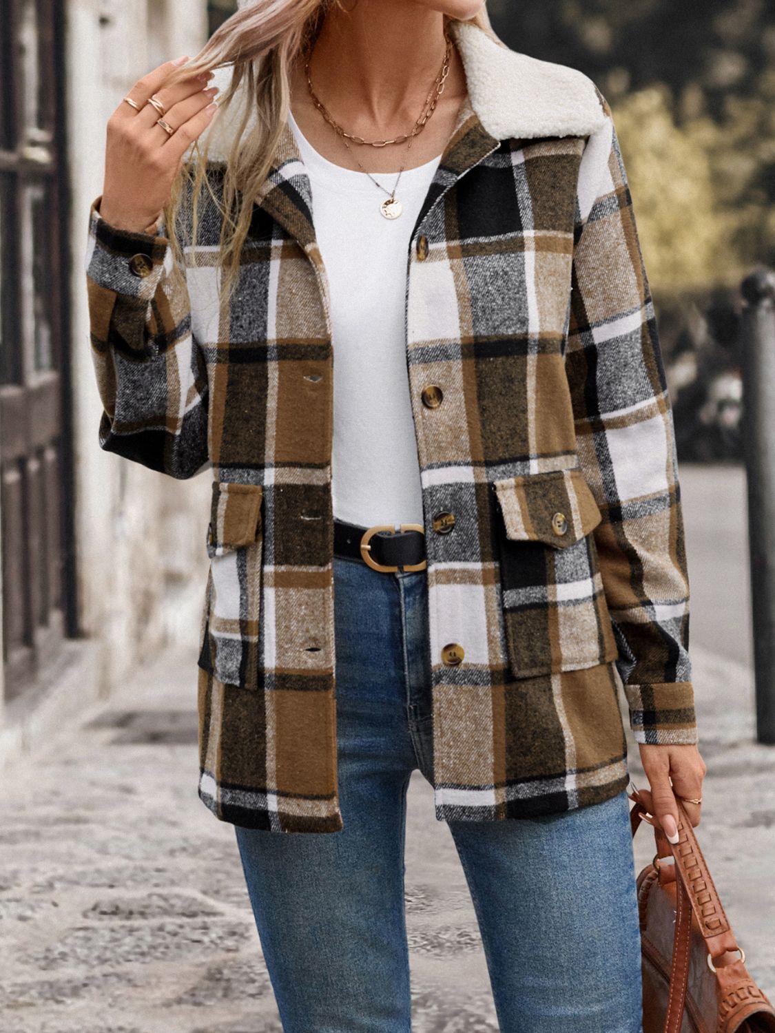 Pocketed Plaid Button Up Collared Neck Jacket