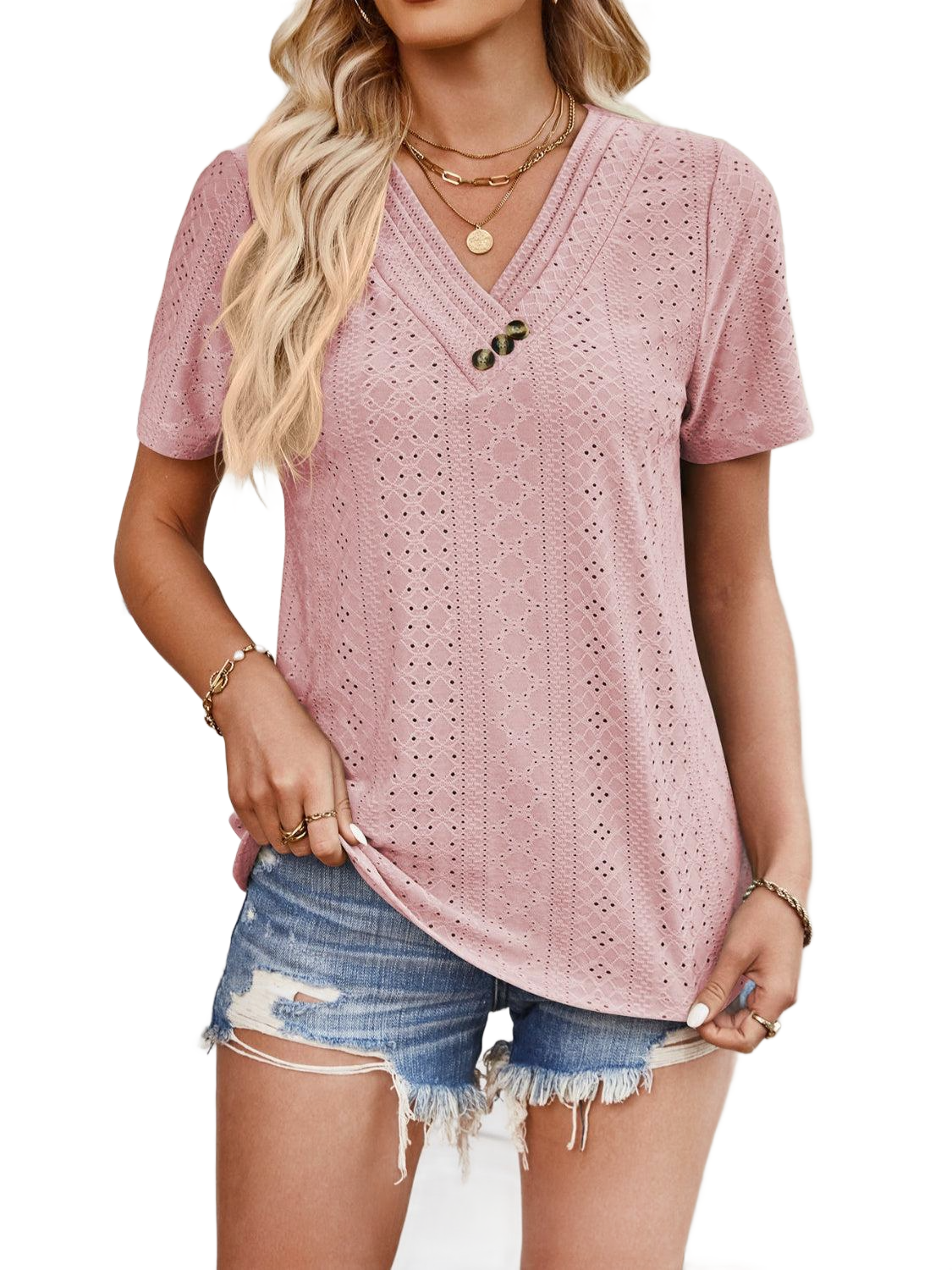 Eyelet V-Neck Short Sleeve Top