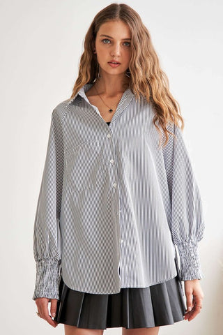 ADORAL High-Low Striped Button Down Smocked Lantern Sleeve Shirt