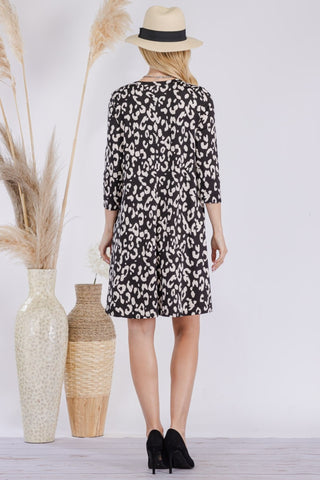 Full Size Leopard Three-Quarter Sleeve Dress with Pockets