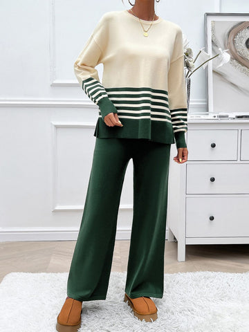 Slit Striped Round Neck Top and Pants Sweater Set