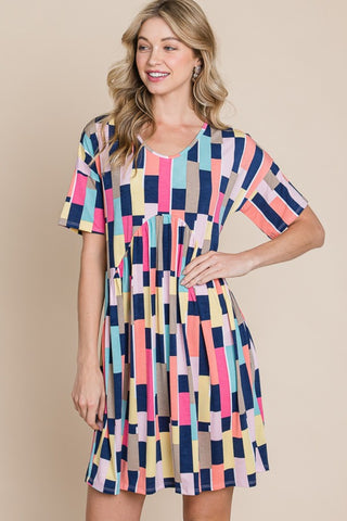 Ruched Color Block Short Sleeve Mini Dress